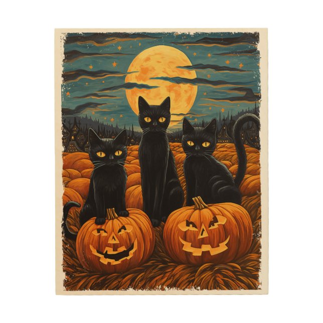 Black Cat Halloween Cat Lovers Starry Night Cat Va Wood Wall Art (Front)