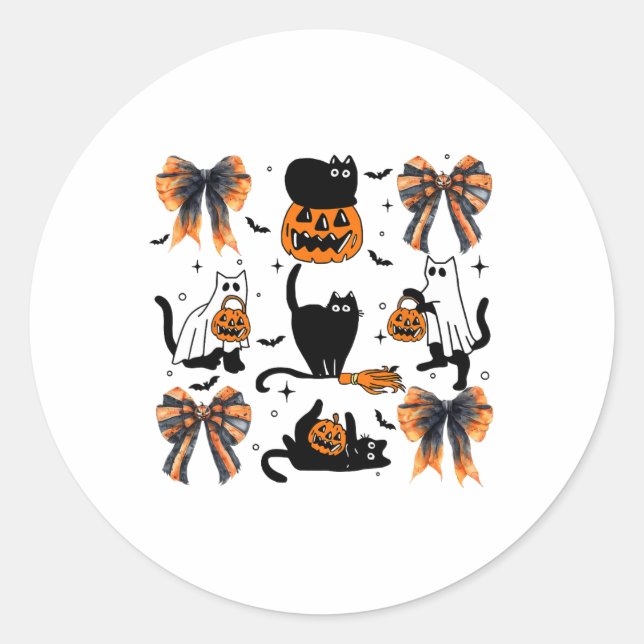 Black Cat Halloween Coquette Bow Halloween Pumpkin Classic Round Sticker (Front)