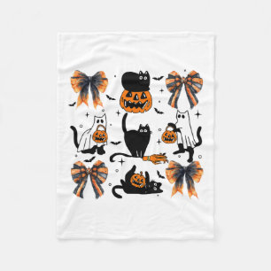 Black Cat Halloween Coquette Bow Halloween Pumpkin Fleece Blanket