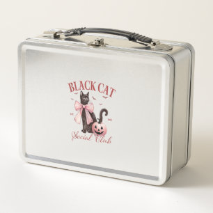 Black Cat Halloween Coquette Social Club Pink Bow Metal Lunch Box