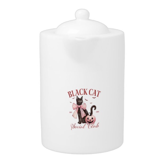 Black Cat Halloween Coquette Social Club Pink Bow  Teapot (Front)