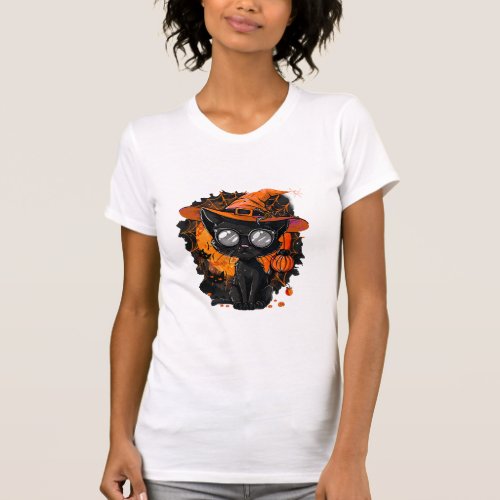 Black Cat Halloween Costume Witchcraft Spider Web  T_Shirt