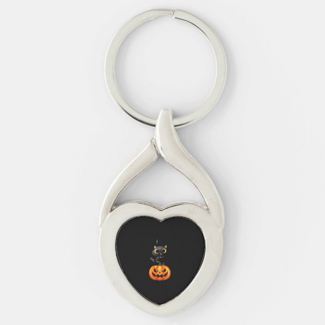 Black Cat Halloween Design – Spooky Pumpkin Art fo Keychain (Front)