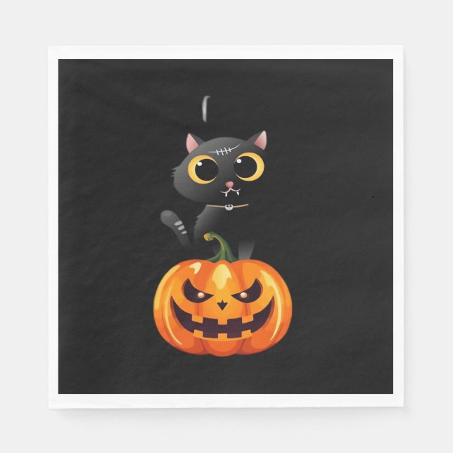 Black Cat Halloween Design – Spooky Pumpkin Art fo Napkins (Front)