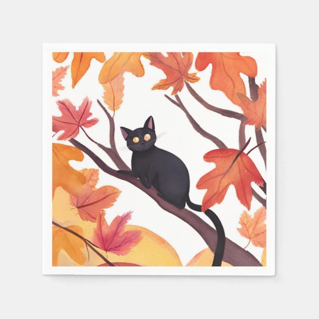 Black Cat Halloween Fall Autumn Napkins (Front)