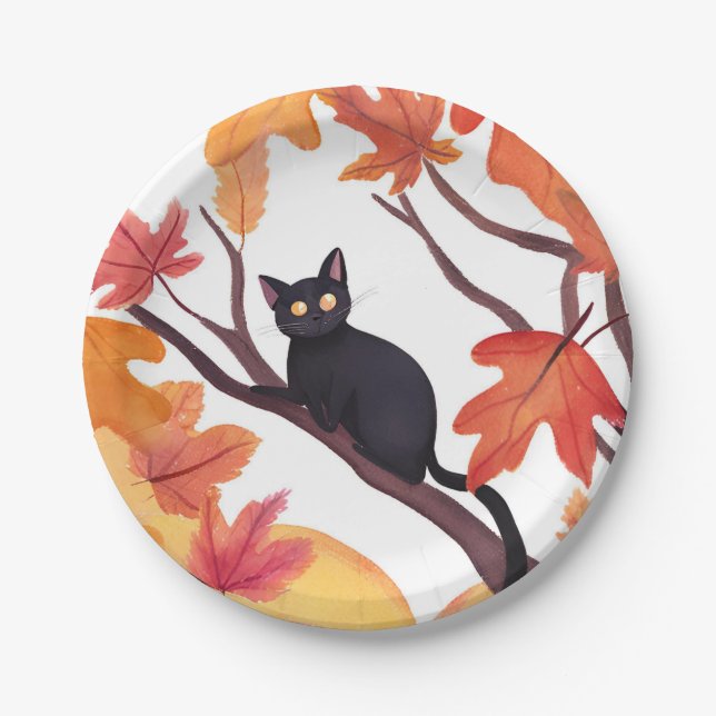 Black Cat Halloween Fall Autumn Paper Plates (Front)