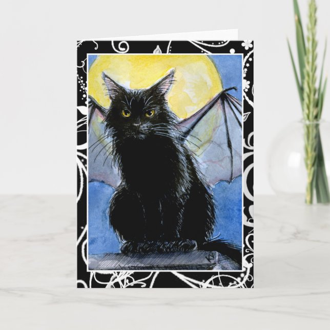 Black Cat Halloween gargoyle greeting card (Front)