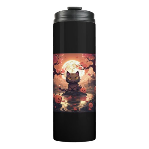 Black Cat Halloween_ Great Wave and Pumpkins  Thermal Tumbler