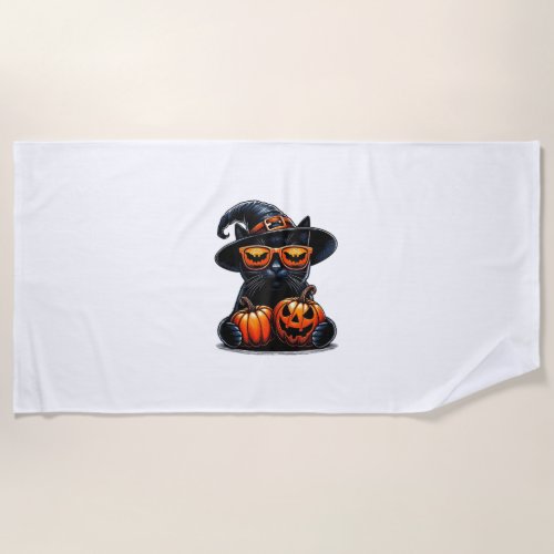 Black Cat Halloween Holding Pumpkin Cat Lovers Gir Beach Towel