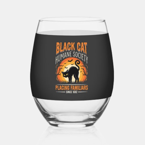 Black Cat Halloween Humane Society Vintage Graphic Stemless Wine Glass