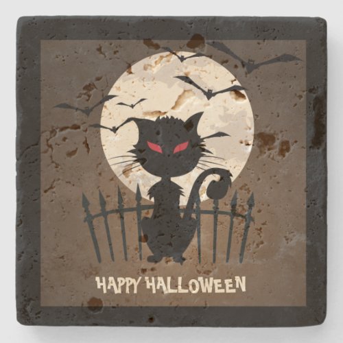 Black Cat Halloween Illustration Stone Coaster