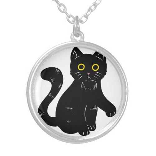 Black cat Halloween kids T_Shirt Silver Plated Necklace