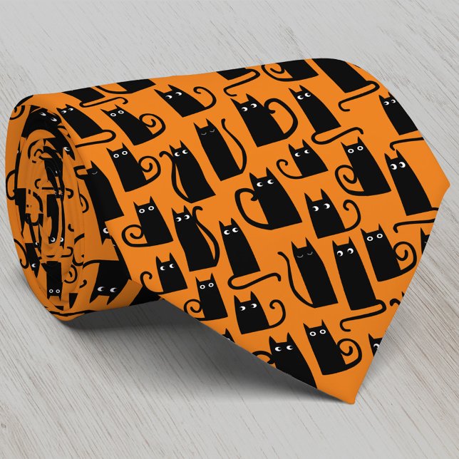 Black Cat Halloween Orange Neck Tie (Fun black cat pumpkin orange Halloween neck tie for animal lovers)