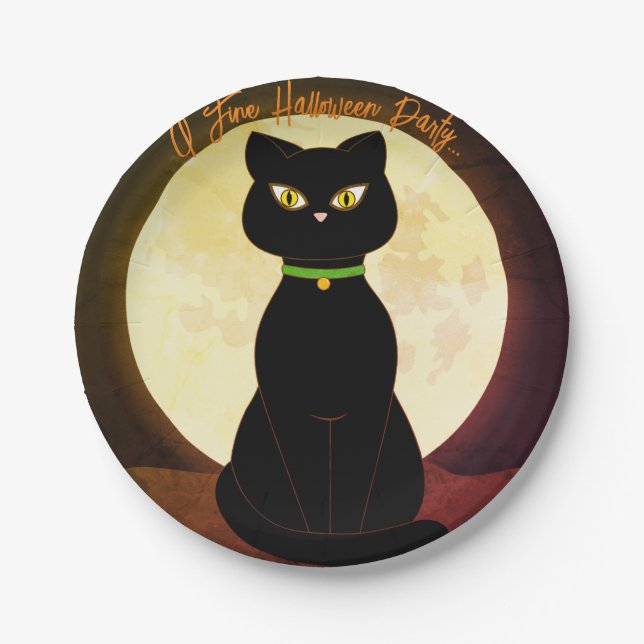 Black Cat Halloween Paper Plate (Front)