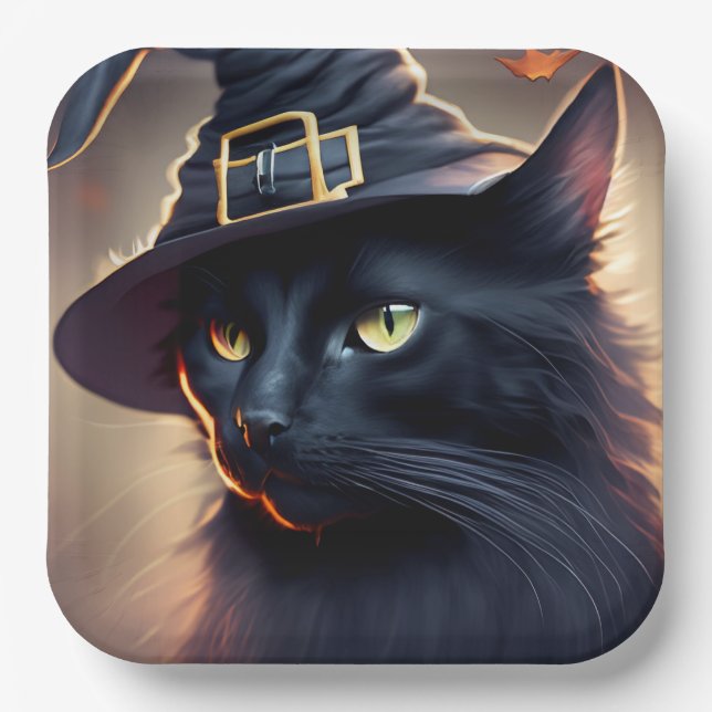 Black Cat Halloween Paper Plates (Front)