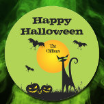 Black Cat Halloween Party Classic Round Sticker<br><div class="desc">Bats in the sky fly above a green eyed black cat and leering jack o' lantern on these Halloween party stickers. MATCHING items in our store.</div>