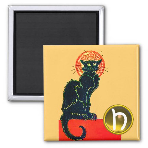 BLACK CAT HALLOWEEN PARTY GEM MONOGRAM MAGNET