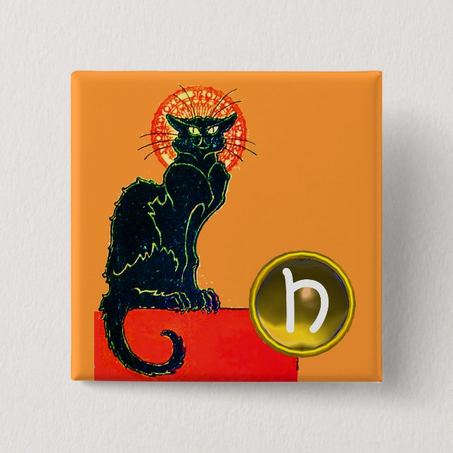 BLACK CAT HALLOWEEN PARTY MONOGRAM BUTTON (Front)