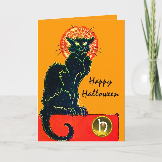 BLACK CAT HALLOWEEN PARTY MONOGRAM CARD (Front)