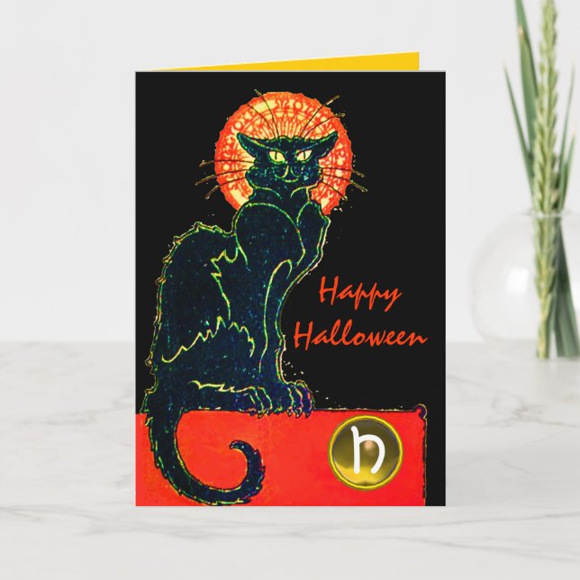 BLACK CAT HALLOWEEN PARTY MONOGRAM CARD (Front)