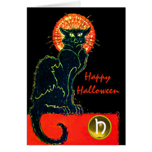 BLACK CAT HALLOWEEN PARTY MONOGRAM CARDS