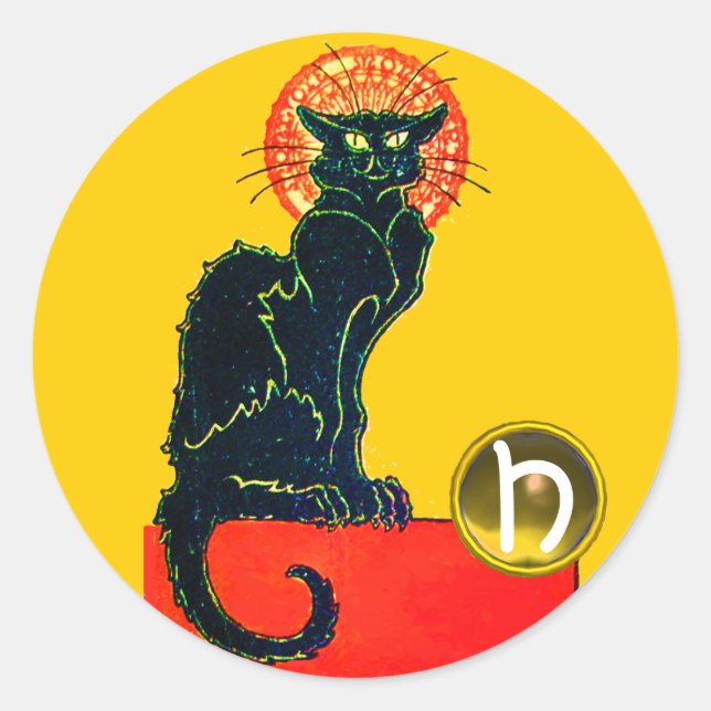 BLACK CAT HALLOWEEN PARTY MONOGRAM CLASSIC ROUND STICKER (Front)