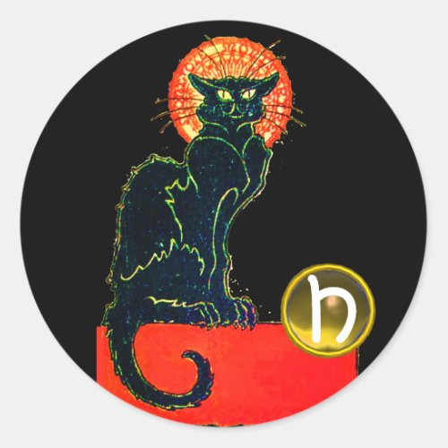 BLACK CAT HALLOWEEN PARTY MONOGRAM CLASSIC ROUND STICKER