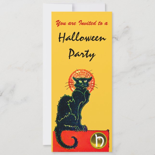 BLACK CAT HALLOWEEN PARTY MONOGRAM gold Invitation (Front)
