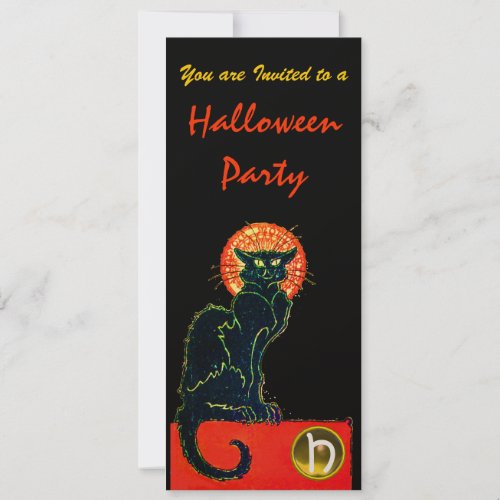 BLACK CAT HALLOWEEN PARTY MONOGRAM gold Invitation