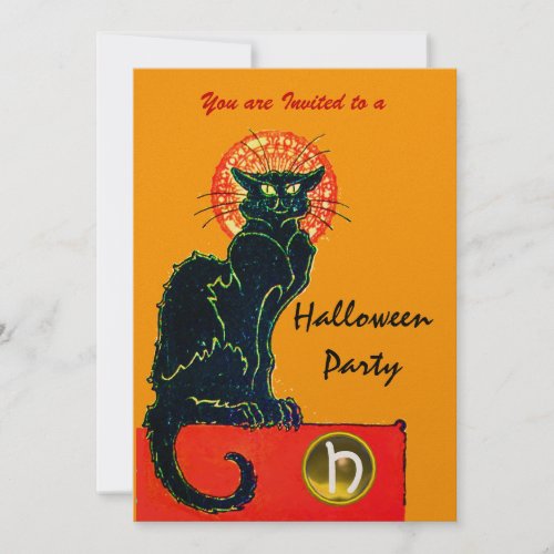 BLACK CAT HALLOWEEN PARTY MONOGRAM gold Invitation