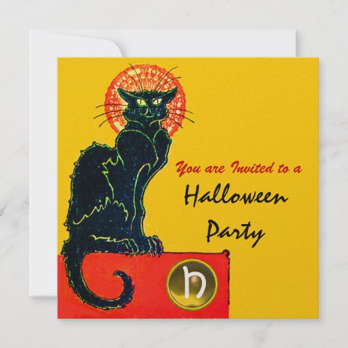 BLACK CAT HALLOWEEN PARTY MONOGRAM Gold Invitation