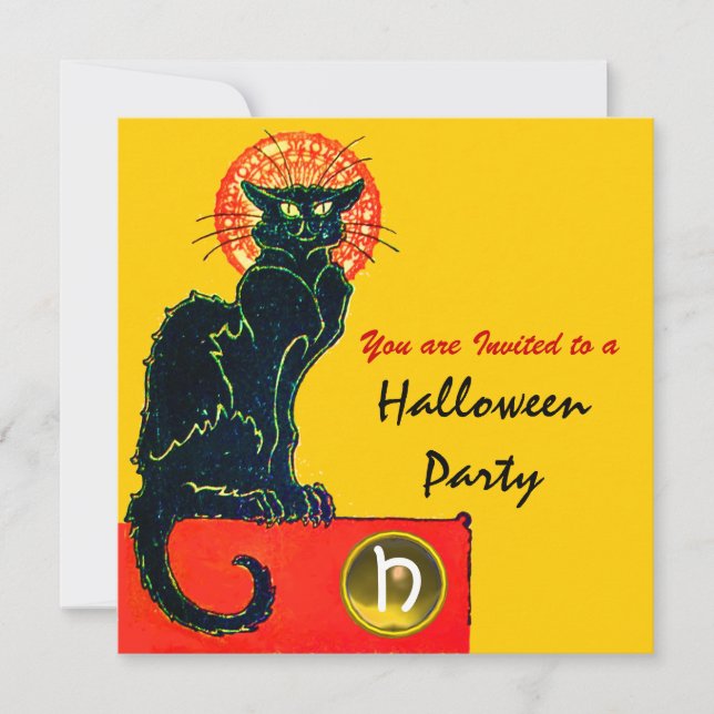 BLACK CAT HALLOWEEN PARTY MONOGRAM INVITATION (Front)