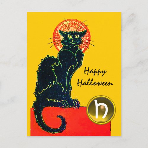 BLACK CAT HALLOWEEN PARTY MONOGRAM INVITATION POSTCARD