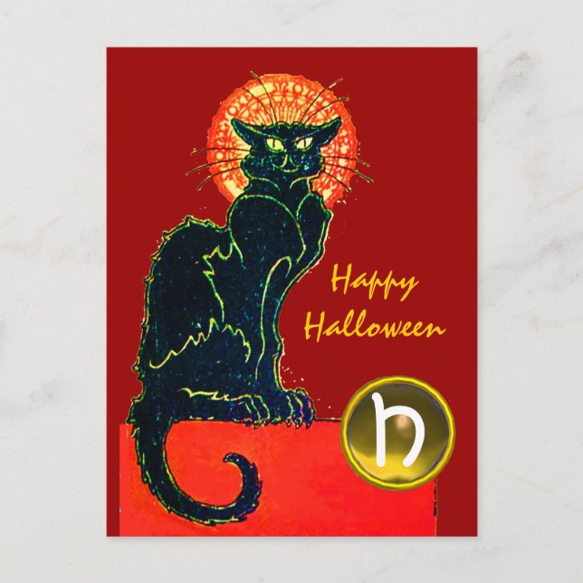 BLACK CAT HALLOWEEN PARTY MONOGRAM INVITATION POSTCARD (Front)
