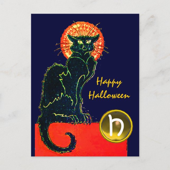 BLACK CAT HALLOWEEN PARTY MONOGRAM INVITATION POSTCARD (Front)