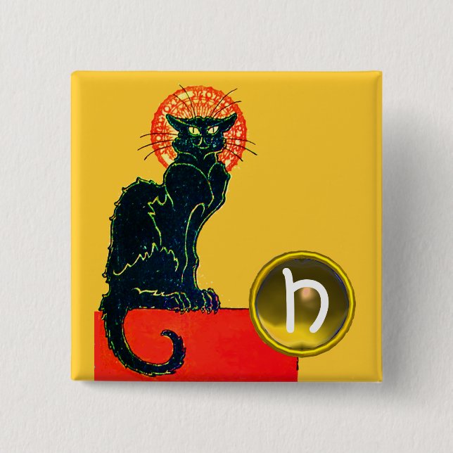 BLACK CAT HALLOWEEN PARTY MONOGRAM PINBACK BUTTON (Front)