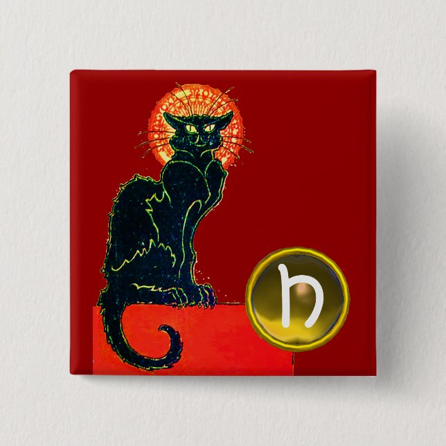 BLACK CAT HALLOWEEN PARTY MONOGRAM PINBACK BUTTON (Front)