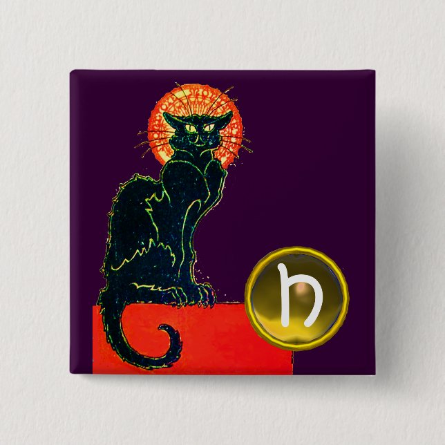 BLACK CAT HALLOWEEN PARTY MONOGRAM PINBACK BUTTON (Front)