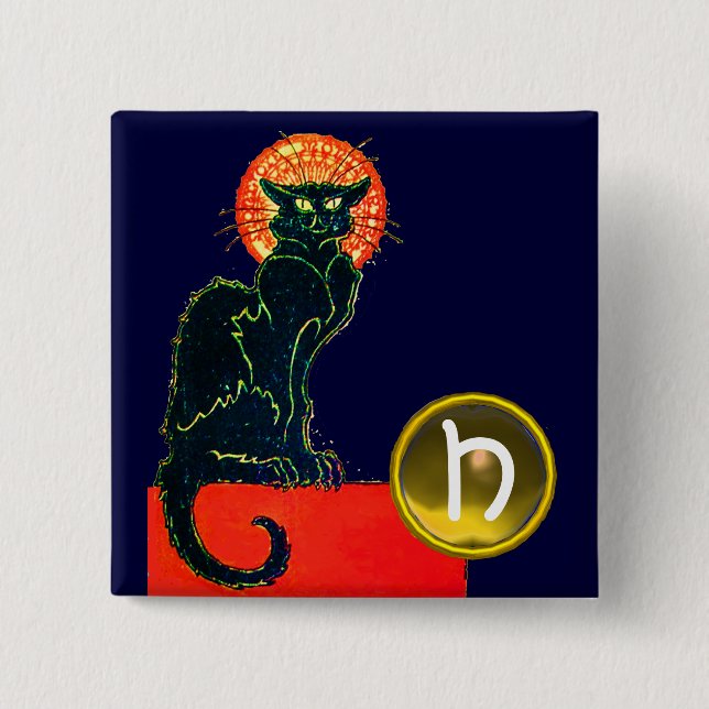 BLACK CAT HALLOWEEN PARTY MONOGRAM PINBACK BUTTON (Front)