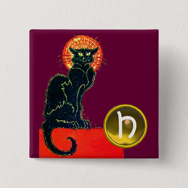 BLACK CAT HALLOWEEN PARTY MONOGRAM PINBACK BUTTON (Front)