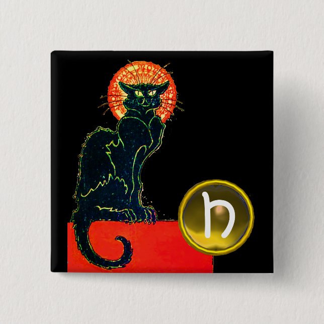 BLACK CAT HALLOWEEN PARTY MONOGRAM PINBACK BUTTON (Front)