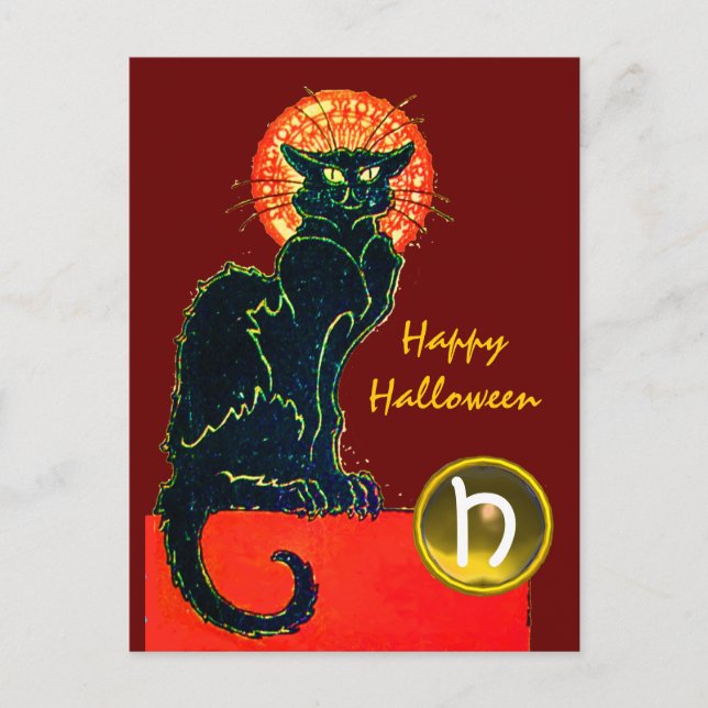 BLACK CAT HALLOWEEN PARTY MONOGRAM POSTCARD (Front)