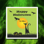 Black Cat Halloween Party Napkins<br><div class="desc">Bats in the sky fly above a green eyed black cat and leering jack o' lantern on these Halloween party paper napkins. MATCHING items in our store.</div>
