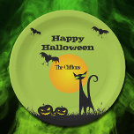 Black Cat Halloween Party Paper Plates<br><div class="desc">Bats in the sky fly above a green eyed black cat and leering jack o' lantern on these Halloween party paper plates. MATCHING items in our store.</div>