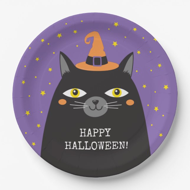 Black Cat Halloween Party Paper Plates (Front)