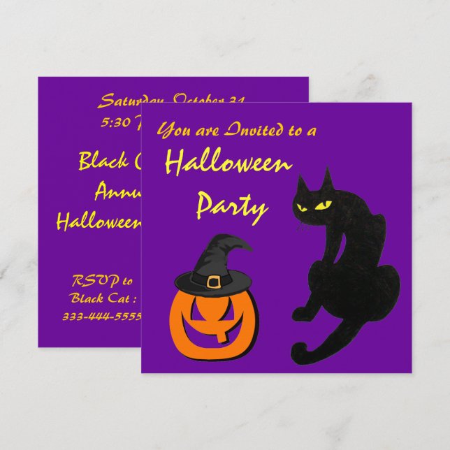 BLACK CAT HALLOWEEN PARTY Purple Invitation (Front/Back)