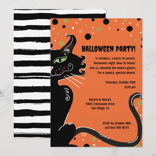 Black Cat Halloween Party Spooky Whimsical Orange  Invitation (Front/Back)
