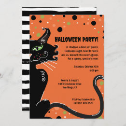 Black Cat Halloween Party Spooky Whimsical Orange Invitation
