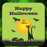 Black Cat Halloween Party Square Sticker<br><div class="desc">Bats in the sky fly above a green-eyed black cat and leering jack o' lantern on these Halloween party square stickers. MATCHING items in our store.</div>