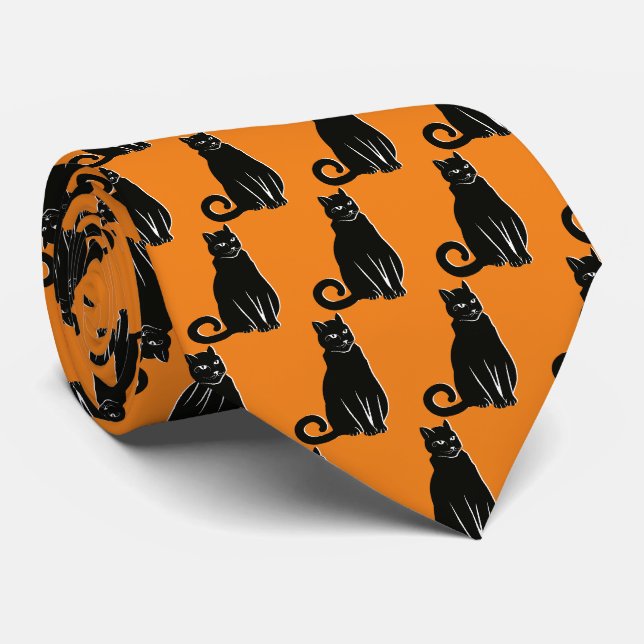 Black Cat Halloween Pattern Orange Necktie (Rolled)
